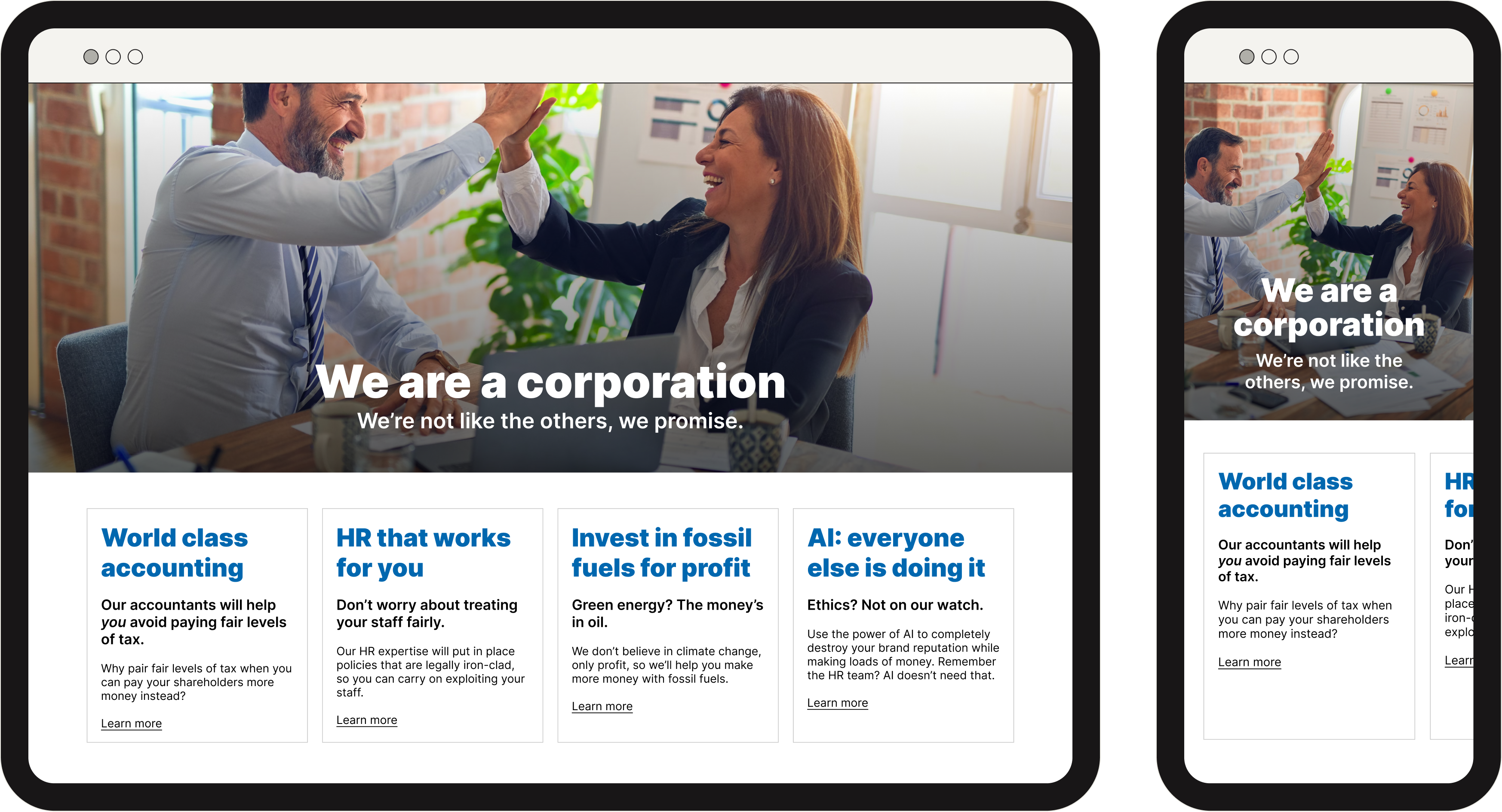 Screenshot of a hero unit mockup with a large title, followed by a four column grid, shown in small viewport and large viewport layouts.