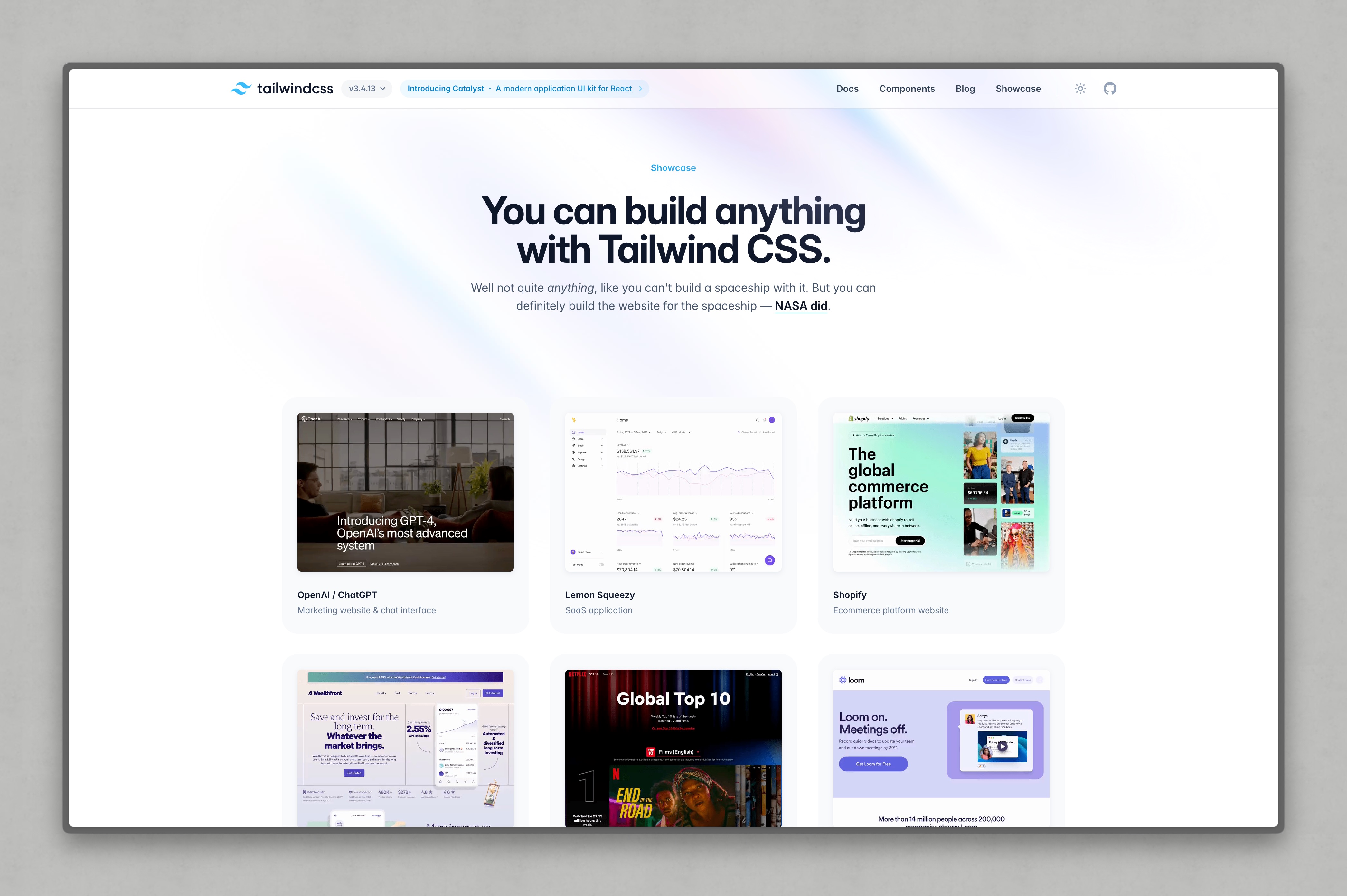 Tailwind’s showcase showing six examples which all look very similar to each other, even though they are six very different websites